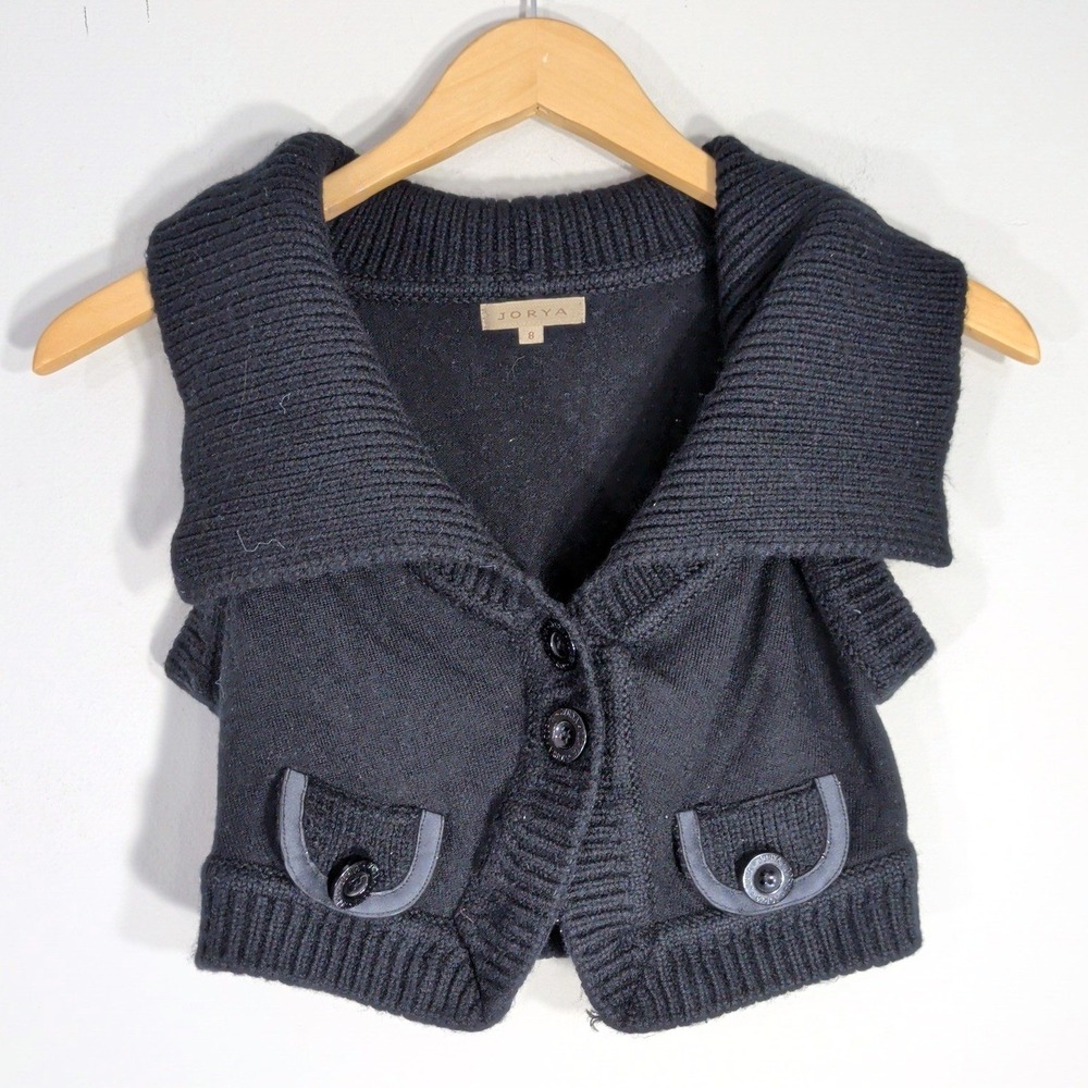 Jorya Black Knit Vest; Cropped Button Front Shawl Collar Sleeveless Sweater